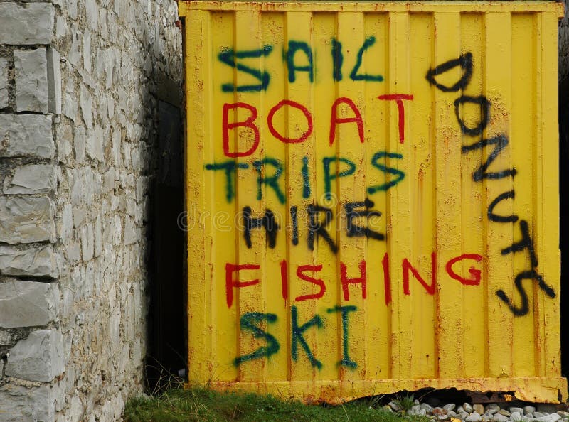 Bright yellow container, advertising boating, fishing, skiing and donuts. Bright yellow container, advertising boating, fishing, skiing and donuts