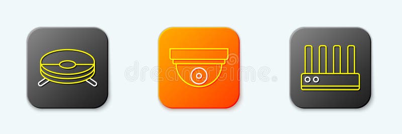 Zeile Roboter Staubsauger Motionssensor und Router und WiFi Signal Icon. Vector stock abbildung