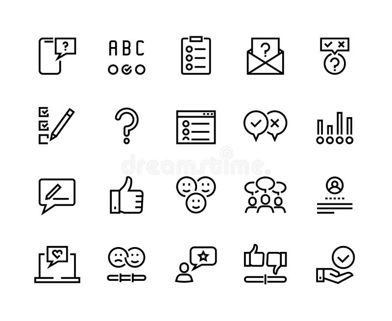 Survey line icons. Quiz and checklist stroke pictograms, customer questionnaire and feedback. Vector concept customer feedback option set for communication management marketing. Survey line icons. Quiz and checklist stroke pictograms, customer questionnaire and feedback. Vector concept customer feedback option set for communication management marketing