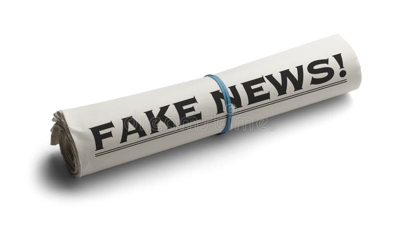 Rolled Up Newspaper with Headline of Fake News Isolated on White Background. Rolled Up Newspaper with Headline of Fake News Isolated on White Background.