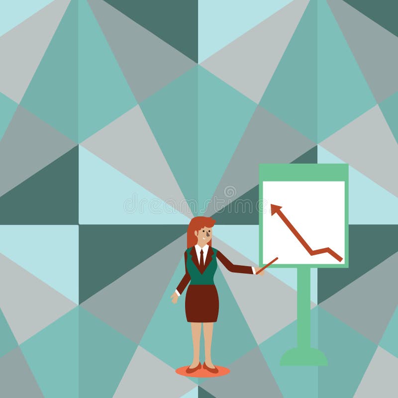 Zekere Vrouw in de Stok van de Pakholding en het Richten aan Grafiek van Pijl het Uitgaan op Freestanding Whiteboard royalty-vrije illustratie Zekere Vrouw in de Stok van de Pakholding en het Richten aan Grafiek van Pijl het Uitgaan op Freestanding Whiteboard royalty-vrije illustratie
