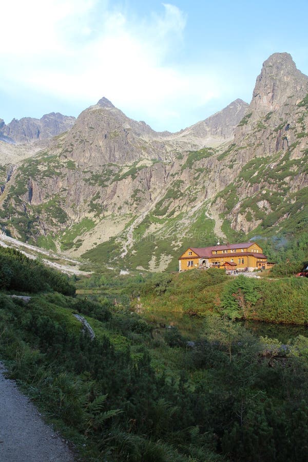 Zelene pleso chalet and Jastrabia veza peak in Zelene pleso valley in High Tatras