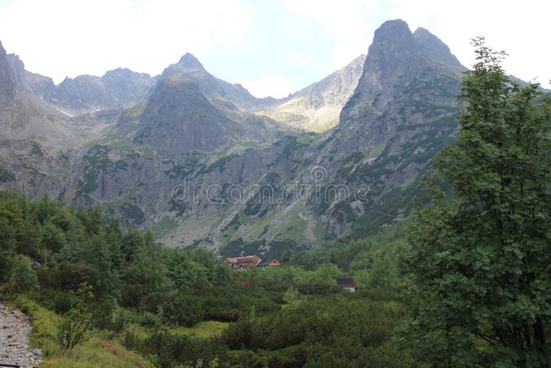 Zelene pleso chalet and Jastrabia veza peak in Zelene pleso valley in High Tatras