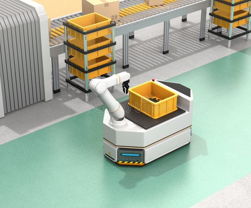 Zelf het drijven AGV met robotachtig wapen die zich naast transportband bewegen stock illustratie Zelf het drijven AGV met robotachtig wapen die zich naast transportband bewegen stock illustratie