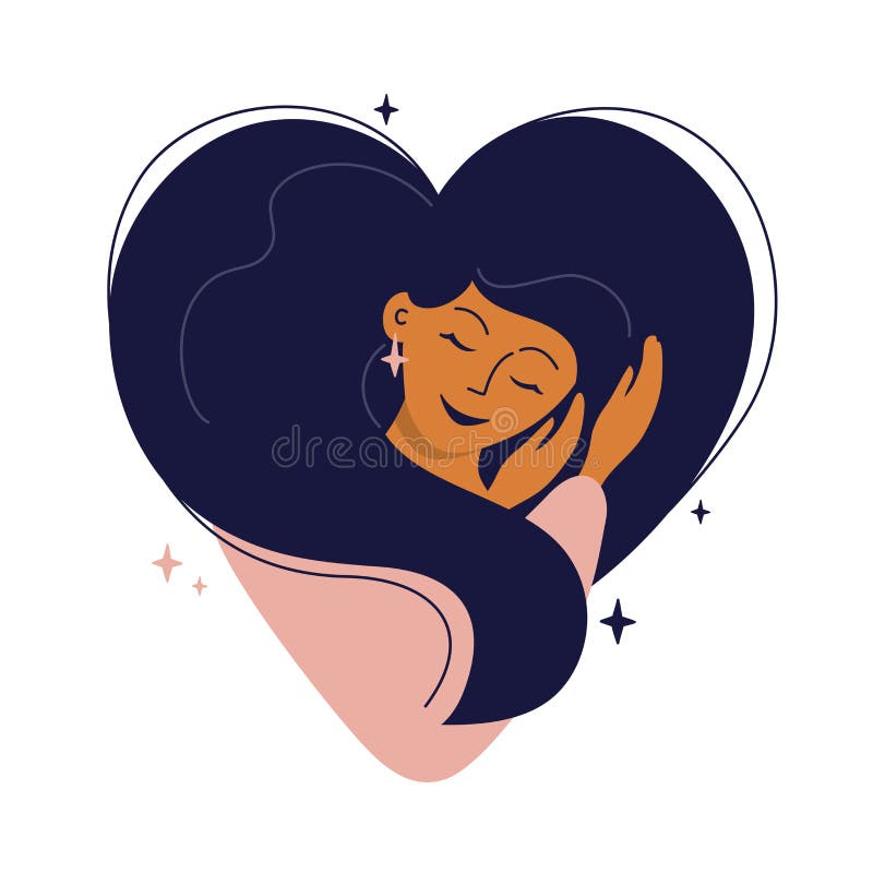 Cute girl with heart shaped hair hugs herself. Self care, love yourself or sweet dreams icon. Happy woman, time for your self, healthcare or skincare concept. Vector illustration for postcard, cards. Cute girl with heart shaped hair hugs herself. Self care, love yourself or sweet dreams icon. Happy woman, time for your self, healthcare or skincare concept. Vector illustration for postcard, cards