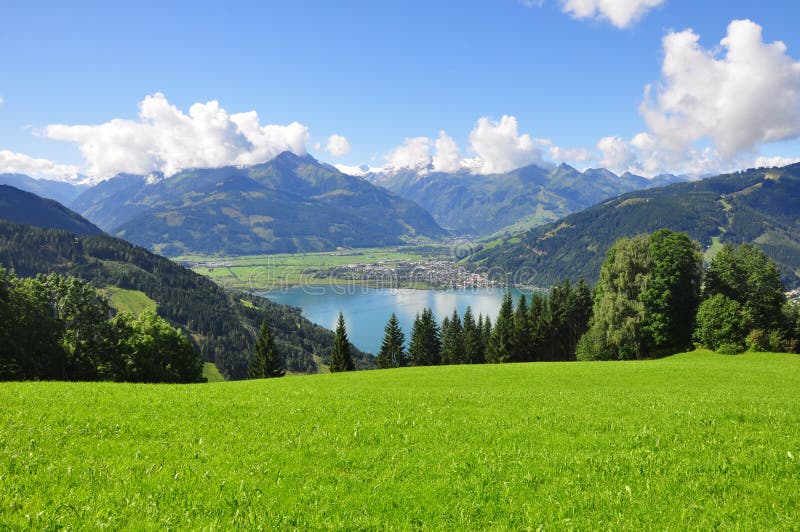 Panorama of Zell am See, Salzburger Land, Salzburg, Austria. Panoramic view of beautiful mountain landscape in the Austrian Alps with Lake Zell in thebackground. Panorama of Zell am See, Salzburger Land, Salzburg, Austria. Panoramic view of beautiful mountain landscape in the Austrian Alps with Lake Zell in thebackground.