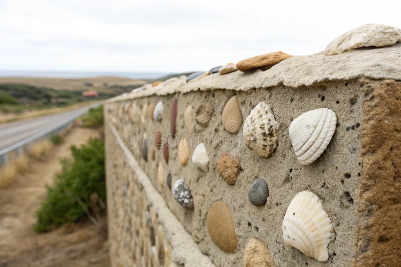 Zementmauer mit Steinen und Muscheln aeurotexturierte Oberfläche lizenzfreie abbildung