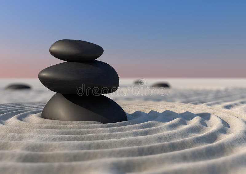 3D rendering of balancing Zen stones in water with blue sky and