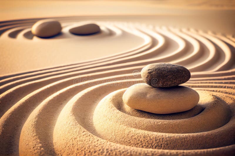 Zen Garden Meditation Stone in Sand and Wave Background. Generative AI