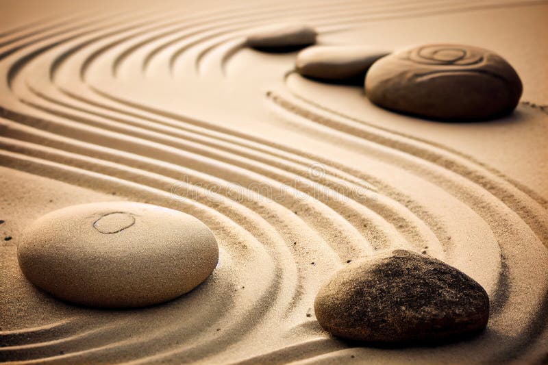 Zen Garden Meditation Stone in Sand and Wave Background. Generative AI