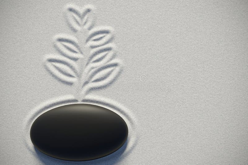 Zen garden in a top view with a plant drawing on the sand