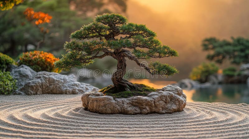 Zen-Garten mit Bonsai-Baum und ragender Sand bei Sonnenuntergang. Begriff der Stille und Achtsamkeit lizenzfreies stockbild