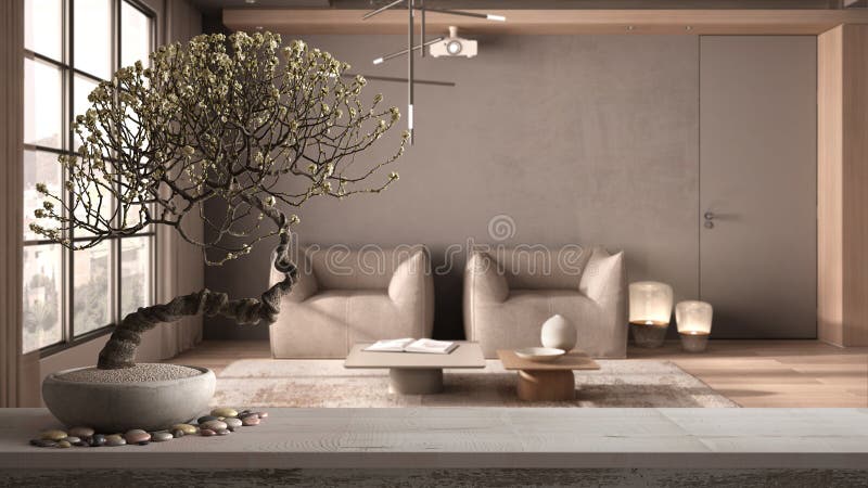 Zen interior with potted bamboo plant, natural interior design concept, living room in beige tones, wooden and concrete details