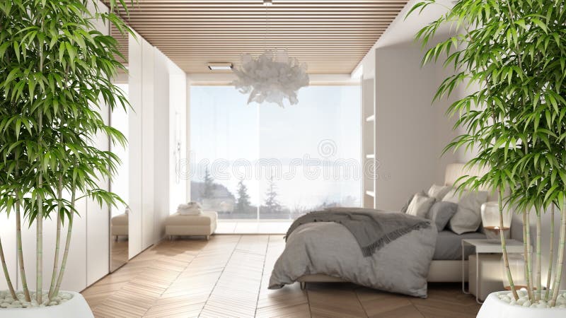 Zen interior with potted bamboo plant, natural interior design concept, minimalist luxury bedroom with shower, double bed and
