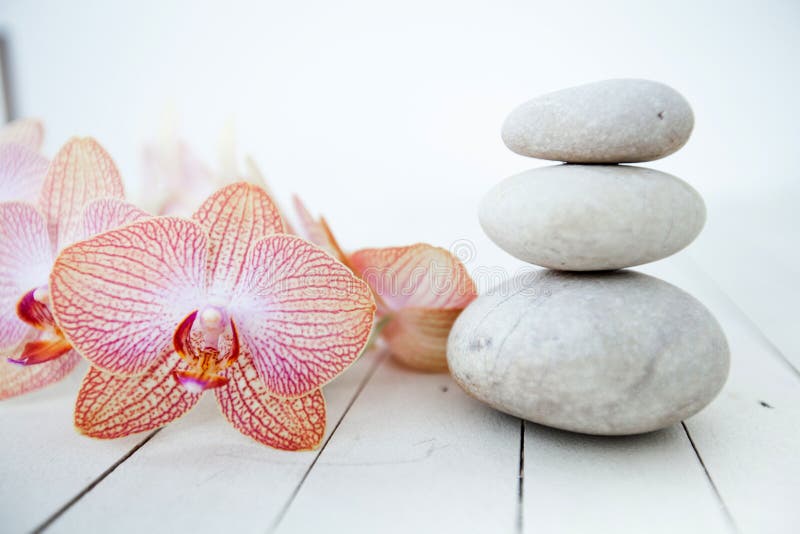 Zen Meditation Spa Lifestyle, balanced stones and flower orchids on white wooden background