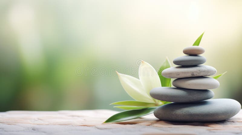 Zen stones and green plant on wooden table, AI