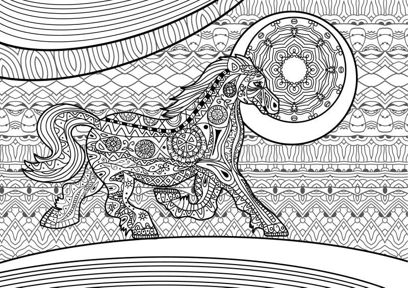 Zenart. Running horse on the pattern background. Coloring book stock illustration Zenart. Running horse on the pattern background. Coloring book stock illustration