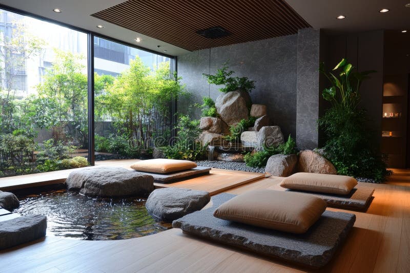 Zenispirato home dcor crea tranquillamente un punto di meditazione con una caratteristica di acqua di giardino zen e comoda l'evoc fotografia stock libera da diritti