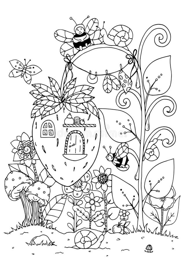 Vector illustration zentangl. Doodle house of strawberries and a bee. Coloring page Anti stress for adults. Black and white. Vector illustration zentangl. Doodle house of strawberries and a bee. Coloring page Anti stress for adults. Black and white.