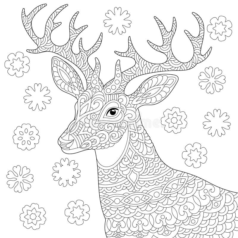 zentangle deer reindeer coloring page stock vector