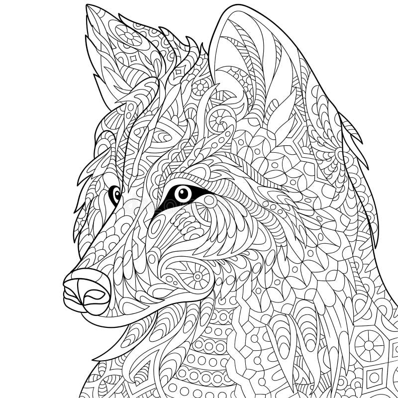 Lobo estilizado Zentangle ilustração royalty free