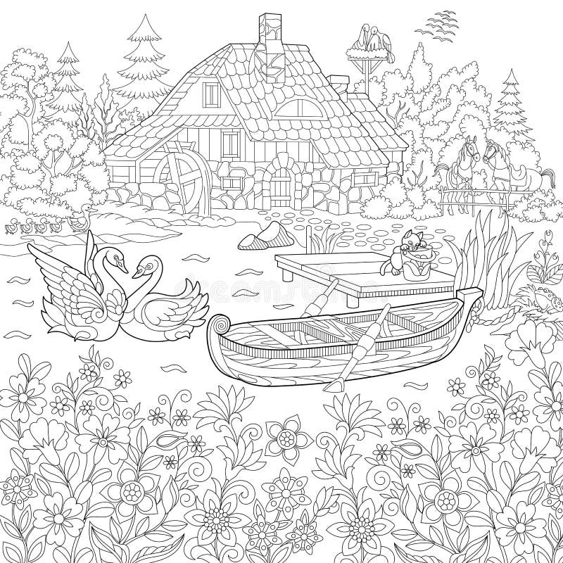 Paisagem rural estilizada Zentangle ilustração royalty free
