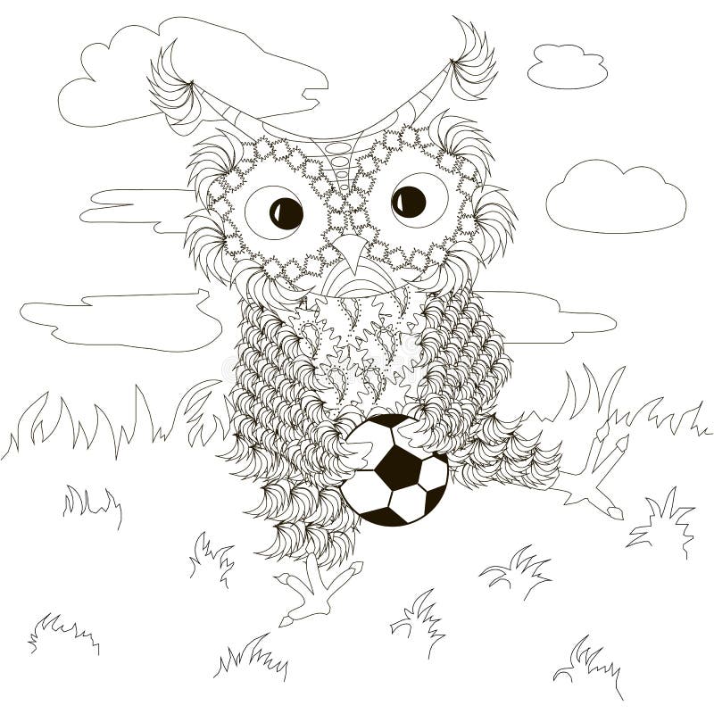 Zentangle, gestileerde zwart-witte uilen die met voetbal op het gazon zitten, wolken, handtekening royalty-vrije illustratie Zentangle, gestileerde zwart-witte uilen die met voetbal op het gazon zitten, wolken, handtekening royalty-vrije illustratie