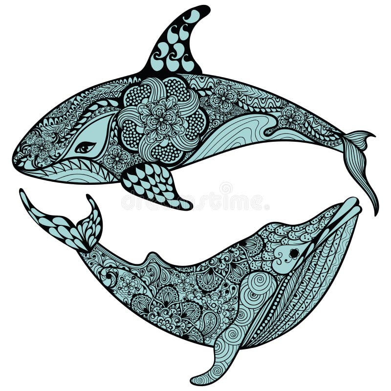Zentangle ha stilizzato lo squalo e la balena blu del mare Vettore disegnato a mano I illustrazione di stock Zentangle ha stilizzato lo squalo e la balena blu del mare Vettore disegnato a mano I illustrazione di stock