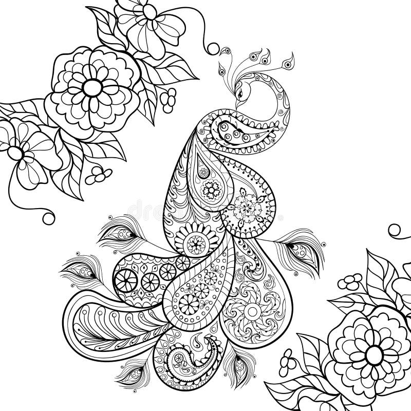 Scribble Drawing In Art Therapy : Zentangle peacock totem in flowersfor adult anti stress