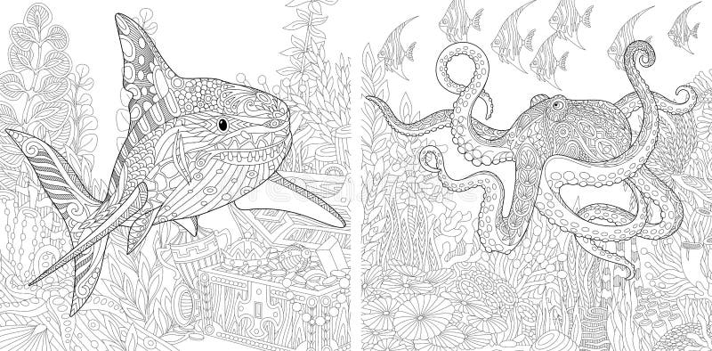 https://thumbs.dreamstime.com/b/zentangle-shark-octopus-stylized-composition-underwater-poulpe-tropical-fish-seaweed-treasure-chest-gold-set-88111301.jpg
