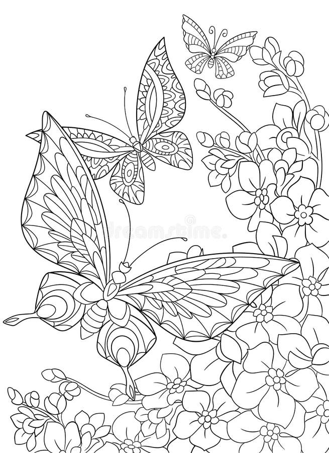 Zentangle stiliserade fjärilar och den sakura blomman stock illustrationer Zentangle stiliserade fjärilar och den sakura blomman stock illustrationer