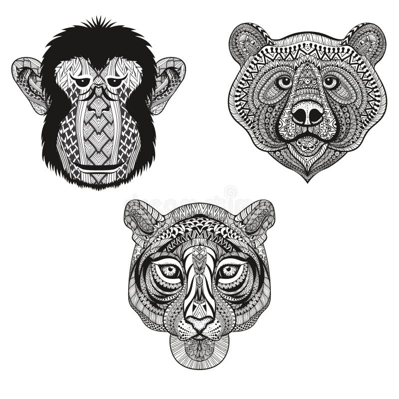 Zentangle stiliserade tigern, apan, björnframsidor Räcka det utdragna klottret vektor illustrationer Zentangle stiliserade tigern, apan, björnframsidor Räcka det utdragna klottret vektor illustrationer