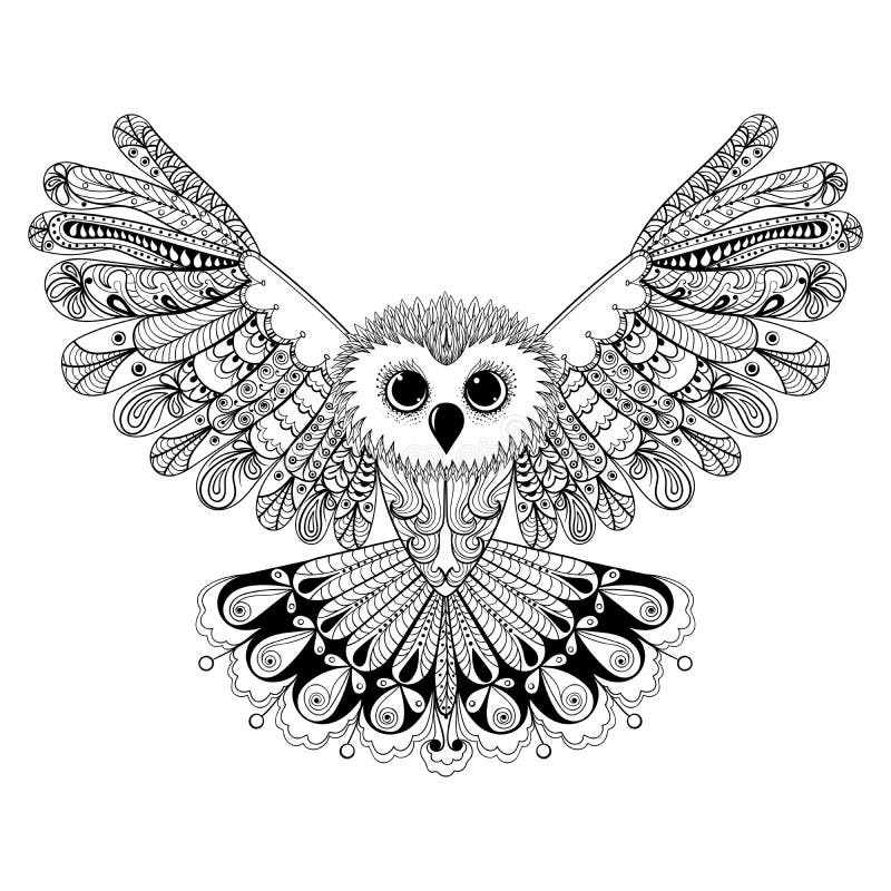 Zentangle stilisierte schwarze Eule Hand gezeichnete Vektorillustrations-ISO lizenzfreie abbildung
