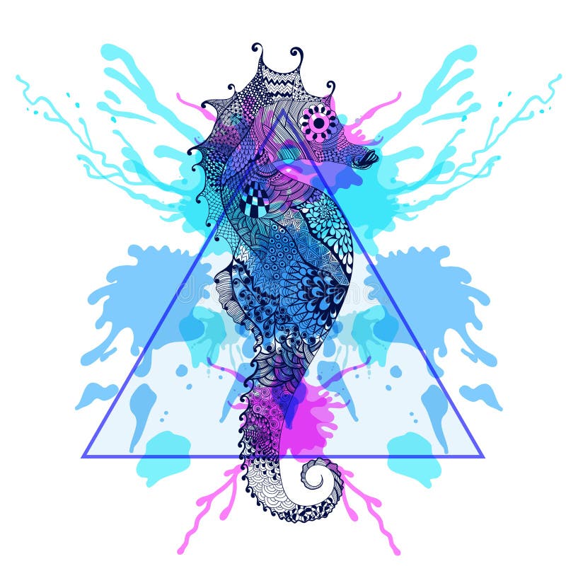 Zentangle Stylized Sea Horse In Triangle Frame With ...