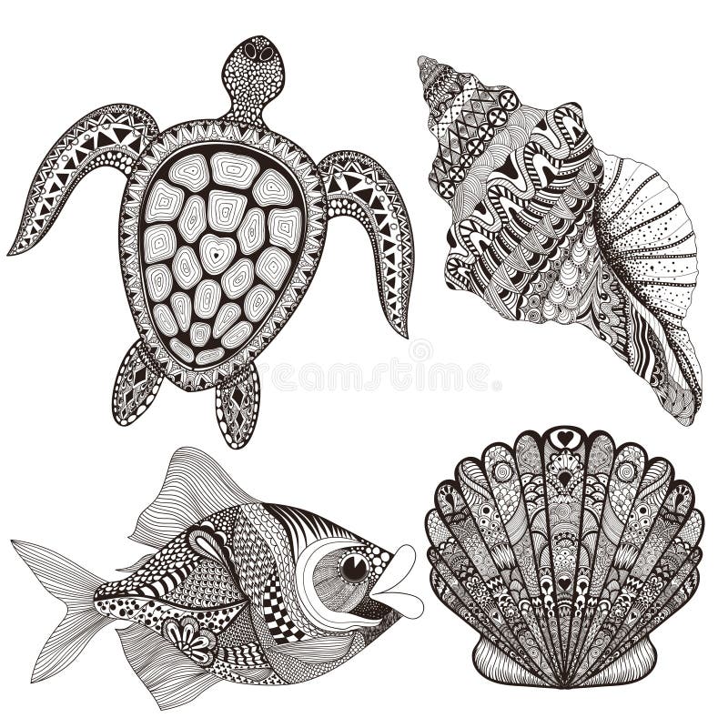 Zentangle stylizował skorupy, ryba i żółwia czarnych dennych, ręka patroszona ilustracji Zentangle stylizował skorupy, ryba i żółwia czarnych dennych, ręka patroszona ilustracji