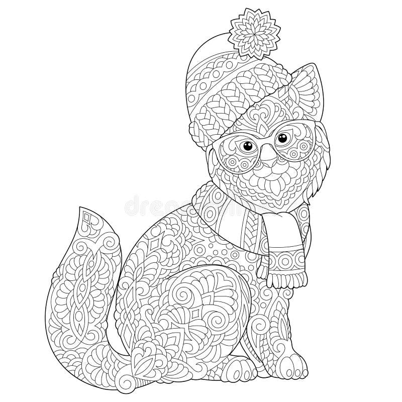 zentangle winter cat coloring page stock vector