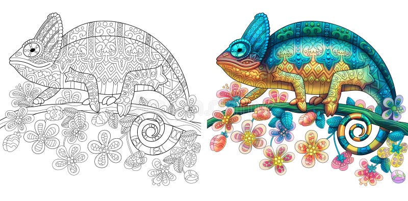 Coloring page of chameleon lizard. Colorless and color samples for book cover. Freehand sketch drawing for adult antistress colouring with doodle and zentangle elements. Coloring page of chameleon lizard. Colorless and color samples for book cover. Freehand sketch drawing for adult antistress colouring with doodle and zentangle elements.