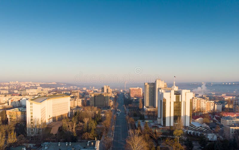 Aerial drone view of Stefan cel mare central boulevard at sunrise in Chisinau, Moldova. Aerial drone view of Stefan cel mare central boulevard at sunrise in Chisinau, Moldova