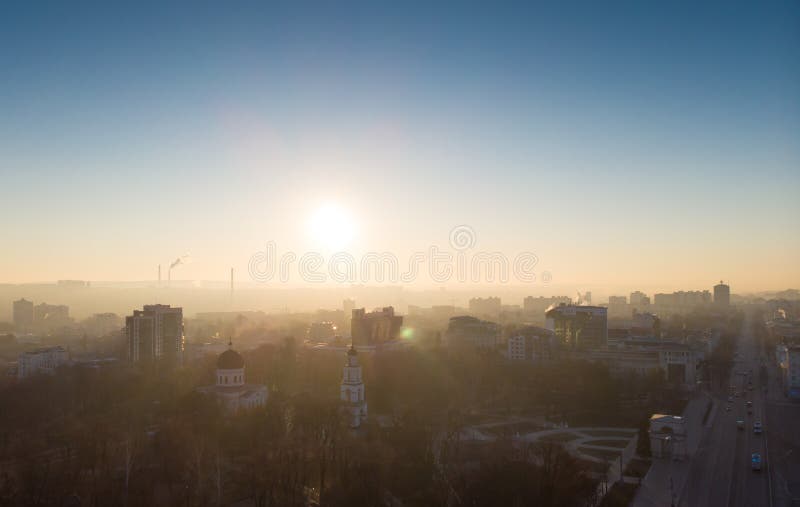 Aerial drone view of Stefan cel mare central boulevard at sunrise in Chisinau, Moldova. Aerial drone view of Stefan cel mare central boulevard at sunrise in Chisinau, Moldova