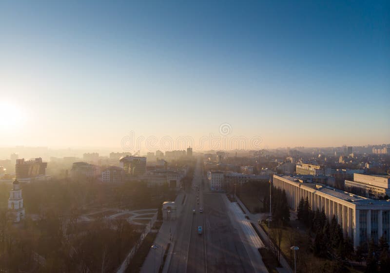 Aerial drone view of Stefan cel mare central boulevard at sunrise in Chisinau, Moldova. Aerial drone view of Stefan cel mare central boulevard at sunrise in Chisinau, Moldova