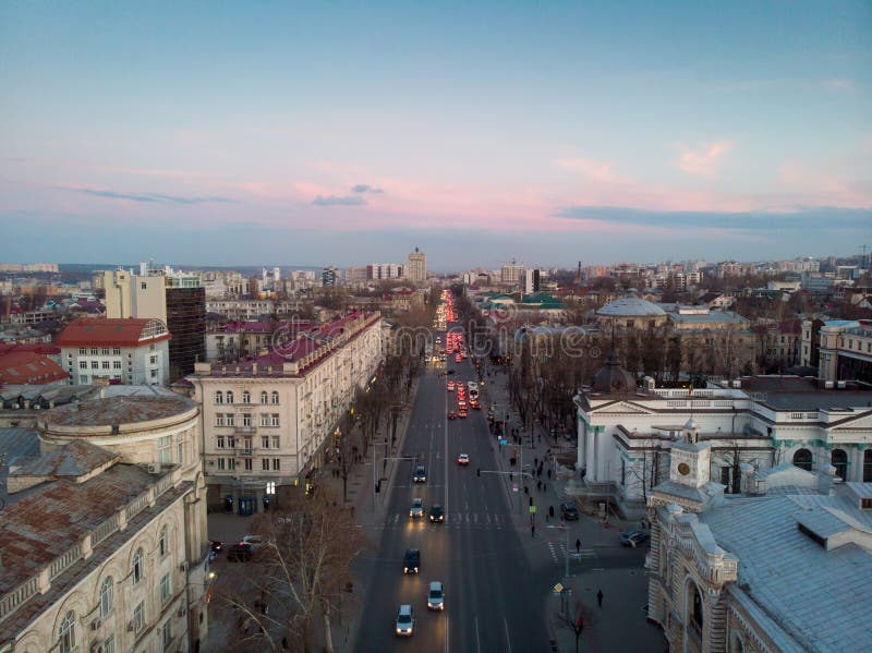 Stefan cel mare central boulevard at sunset in Chisinau, Moldova. Stefan cel mare central boulevard at sunset in Chisinau, Moldova