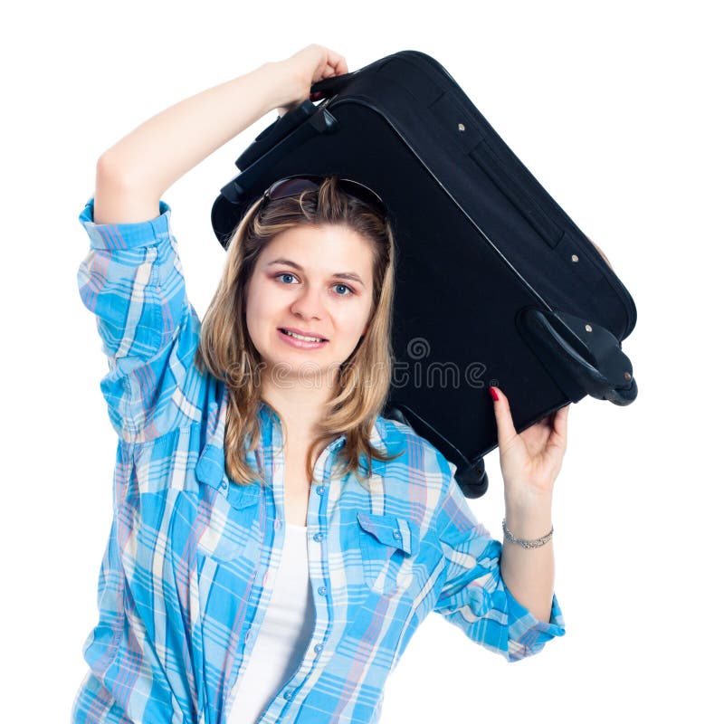 Zenuwachtige reizigersvrouw met bagage