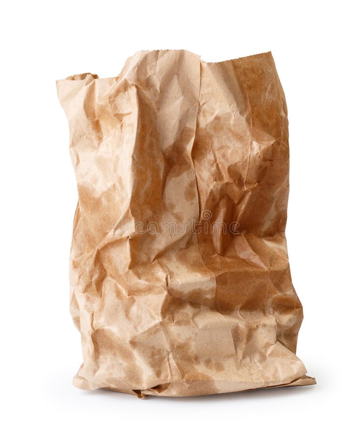 Crumpled paper bag with grease spots isolated on white. Crumpled paper bag with grease spots isolated on white