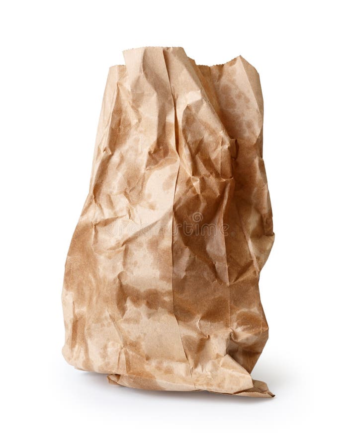 Crumpled paper bag with grease spots isolated on white. Crumpled paper bag with grease spots isolated on white