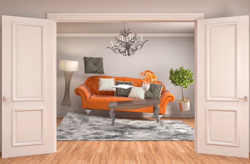 Zero Gravity Furniture Hovering in Living Room. 3D Illustration Stock