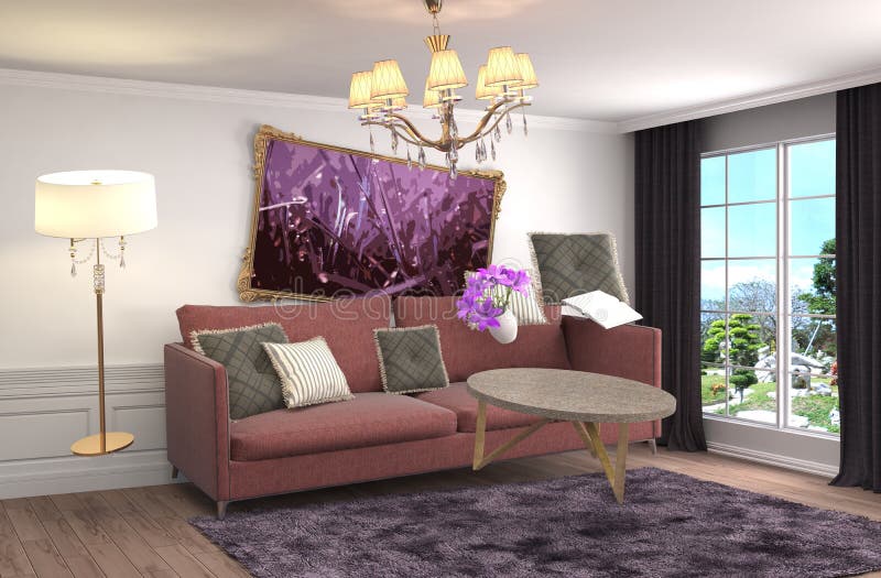Zero Gravity Furniture Hovering in Living Room. 3D Illustration Stock