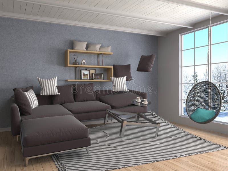 Zero Gravity Furniture Hovering in Living Room. 3D Illustration Stock