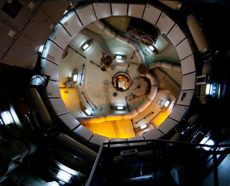 Zero gravity space station running exercise and storage module royalty free stock photo
