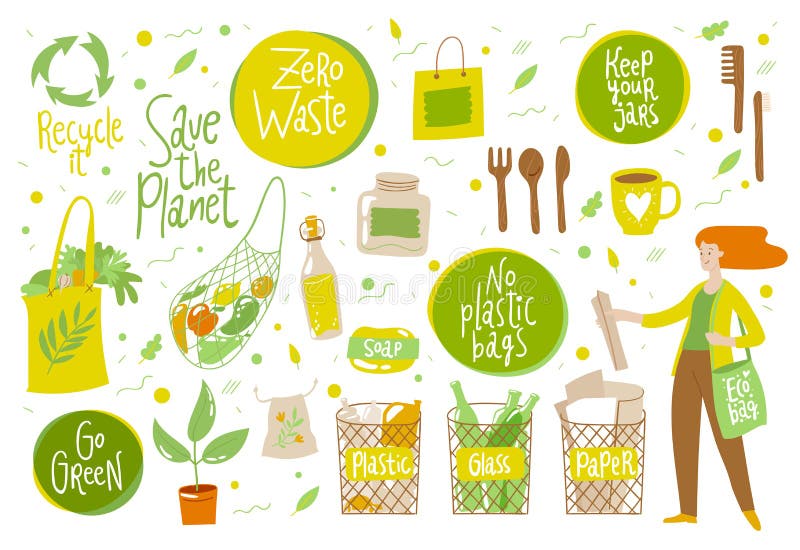 Zero jałowych wektorowi ustawiający z eco życia elementami ilustracja wektor