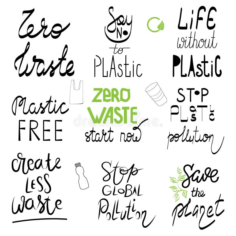 Zero odpadów żadny plastikowy wyceny literowania set Kaligrafii inspiraci graficznego projekta typografii element Ręka pisać pocz royalty ilustracja